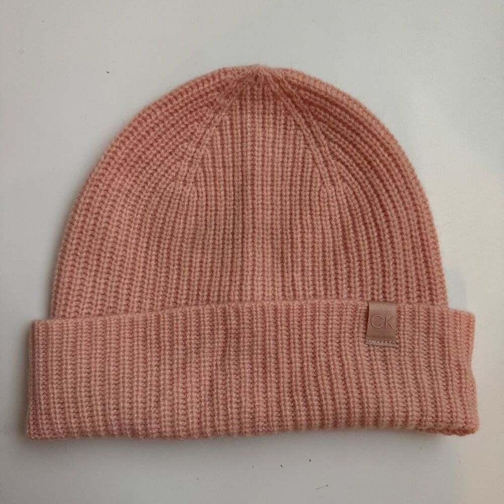 Calvin Klein 100% Cashmere Baby Light Pink Roll Front Beanie Hat Cozy Knit